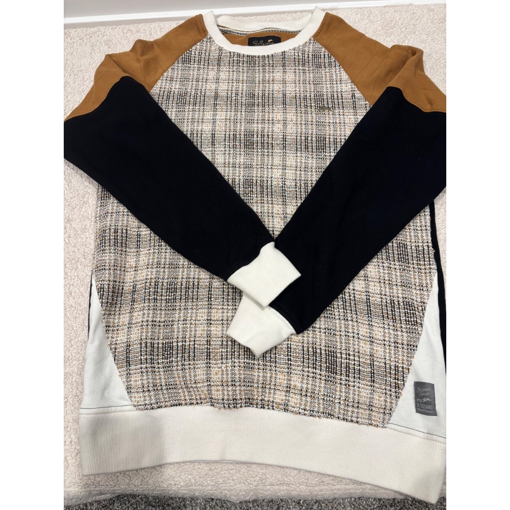 A. Tiziano Mens Colorblock Plaid Crewneck Sweatshirt Tan Black White Large